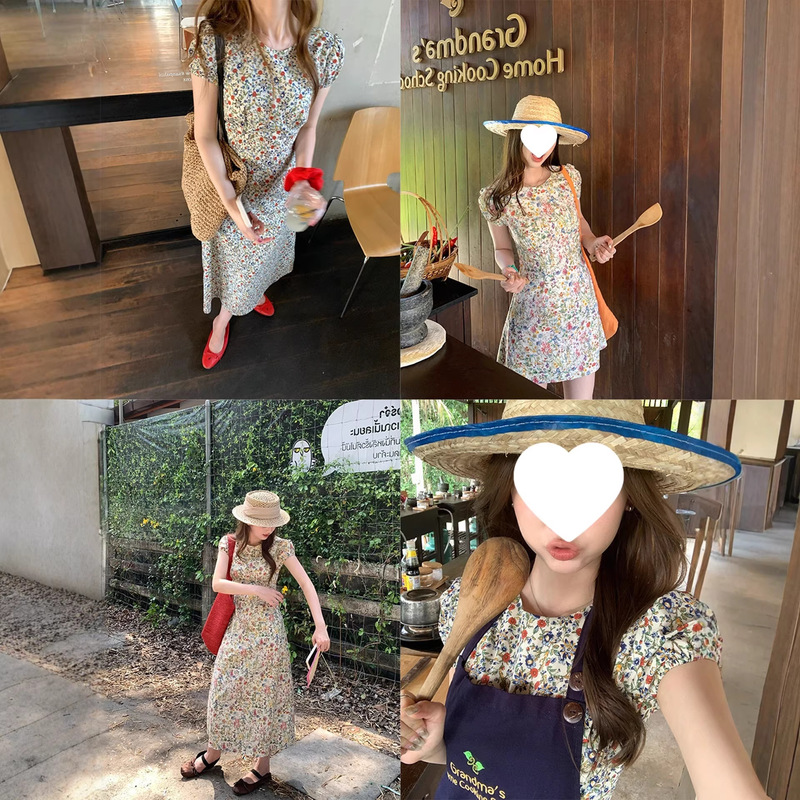 Im Towards Nice Flower Market' Vacation-Style Retro Floral Dress with Round Neck, Puff Sleeves, Waist-Cinching, Sweet A-Line Dress Im Towards Nice Flower Market' Vacation-Style Retro Floral Dress with Round Neck, Puff Sleeves, Waist-Cinching, Sweet A-Line Dress