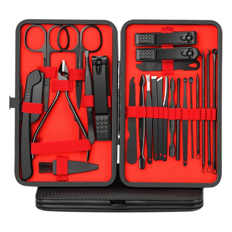 Cortauñas transfronterizo, juego completo de manicura, juego negro y rojo de 24 piezas, cortaúñas oblicuas, juego de manicura de una sola pieza, tijeras para piel muerta