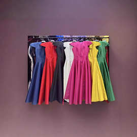 跨境亚马逊晚礼服2026春女小V领擦肩短袖纯色收腰显瘦A摆连衣裙女