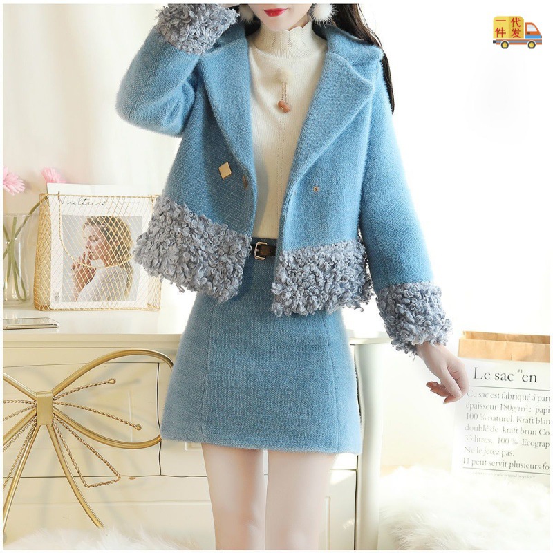 2021 new pattern Little Autumn and winter Lamb thickening Fur coat Western style skirt fashion Two piece set Cross border