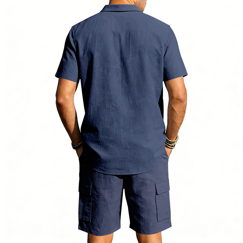 Men's Summer Linen Shirt And Work Shorts Set Casual Sports Outdoor Loose Fit Short Sleeved Collared Suit_viptrois.com
