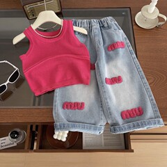 女童夏季套装2025新款韩版女宝针织吊带背心牛仔裤两件套儿童耐用