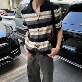 独特别致上衣高级感欧货小衫拼色镂空条纹短袖t恤女2025新款夏装