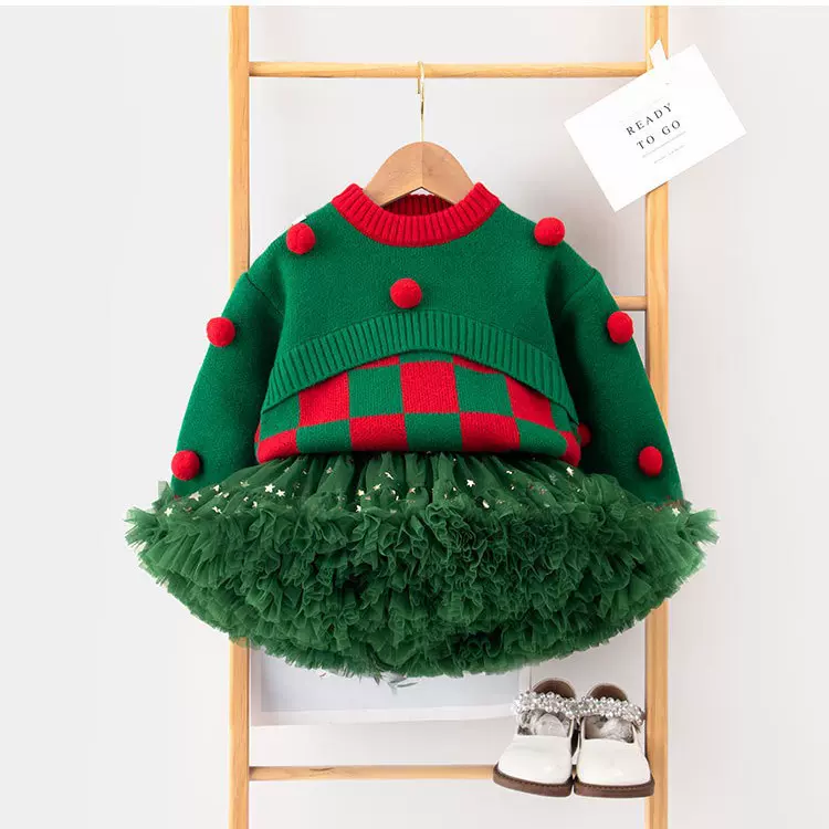 女童针织衫跨境热销圣诞节爆款儿童tutu裙公主裙套装宝宝毛衣外套