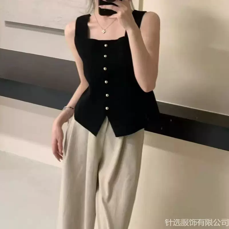 新款内搭吊带背心女夏打底韩版2025季纯色单排扣针织显瘦无袖上衣