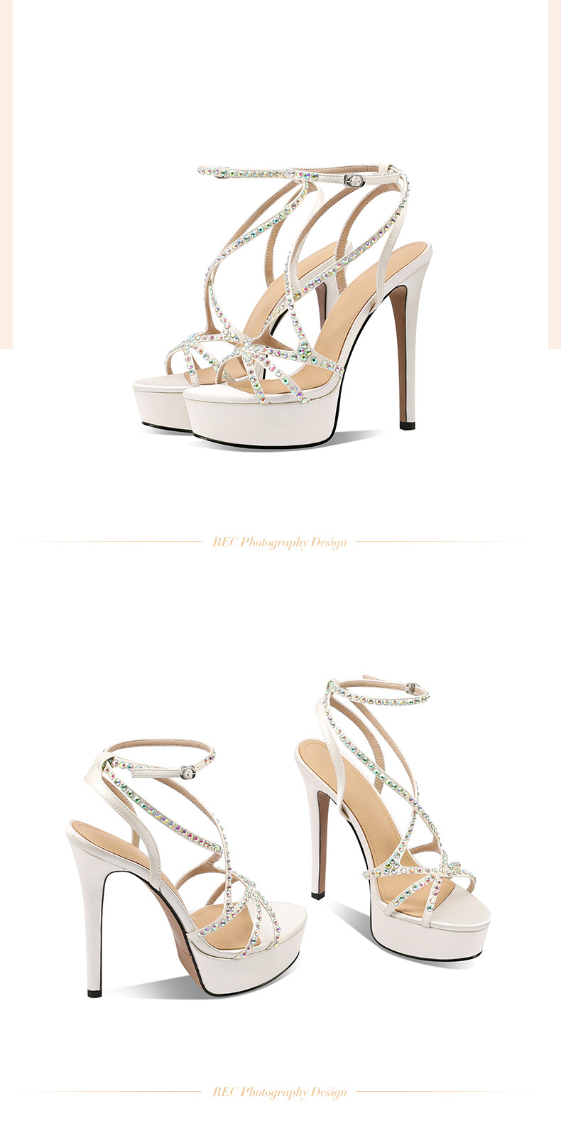 Sandal cao gót nữ quai ngang đính đá rhinestone gót nhỏ 13 cm — Vàng (13cm) chi tiết 7