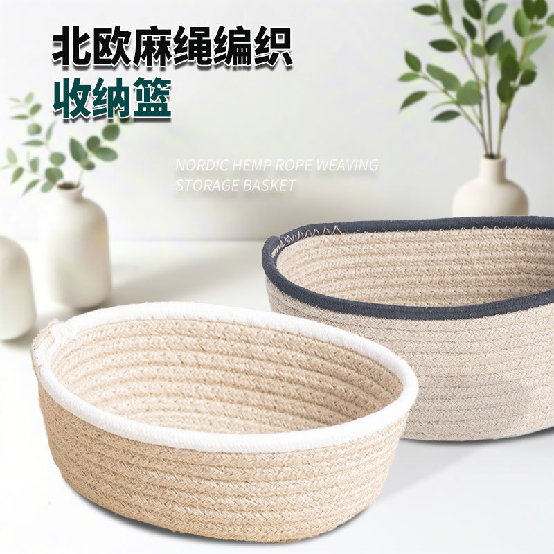Cesta de almacenamiento redonda de cuerda de lino trenzada nórdica bocadillos cosméticos joyas de escritorio de almacenamiento de cuerda de lino cesto de acabado