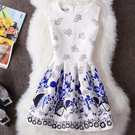 欧美春夏新款女装时尚印花连衣裙修身显瘦无袖A字裙蓬蓬裙