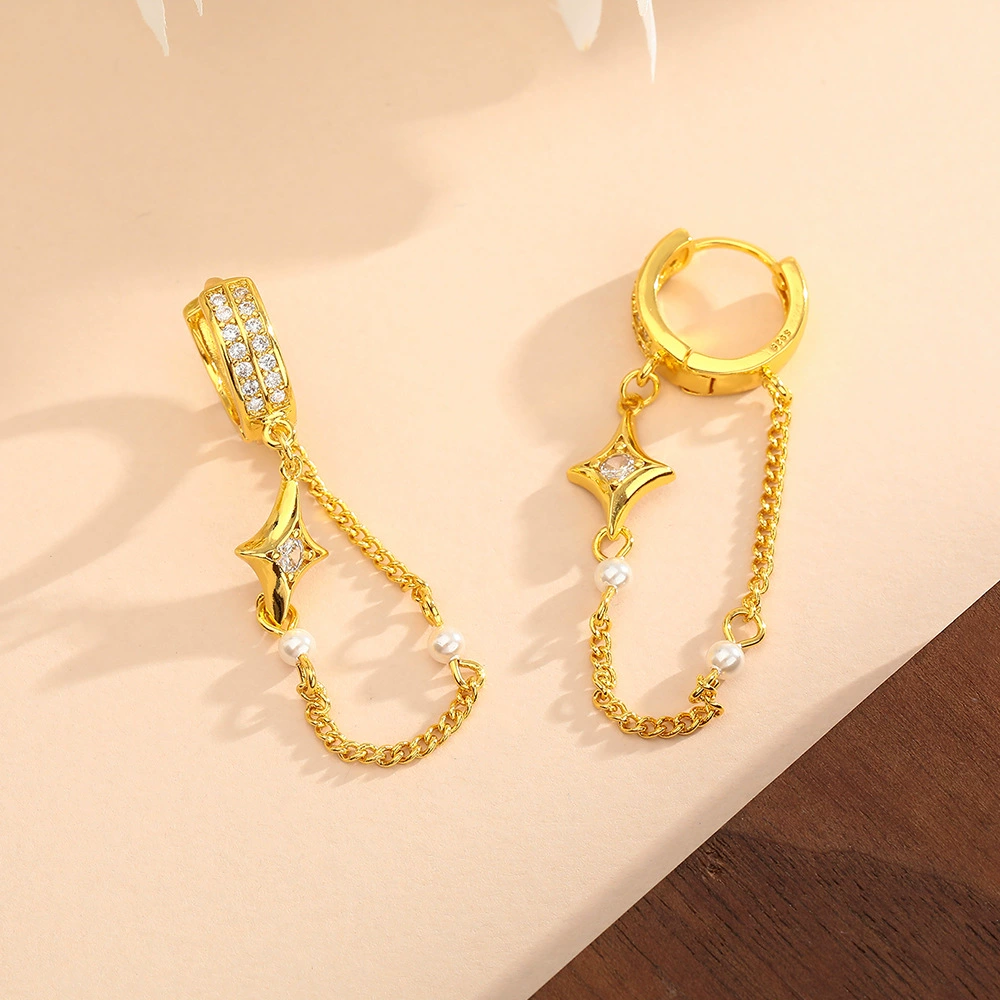 Sophisticated zirconium, long chain, earrings with tassels from pearl, European style