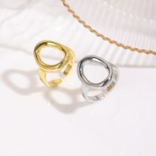 个性时尚几何光面椭圆开口戒指铜轻奢镂空简约可调节男女指环饰品