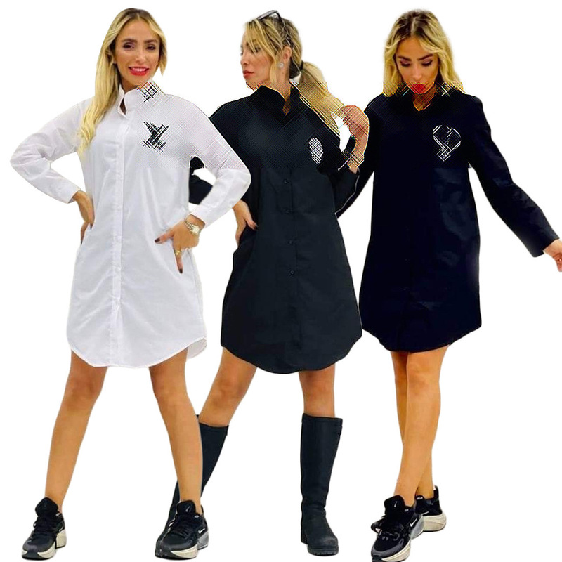 J2705 (No. 1-5) European and American Cross-Border Women's Clothing Long-Sleeved Pure Color Simple Embroidered Letter Shirt Dress