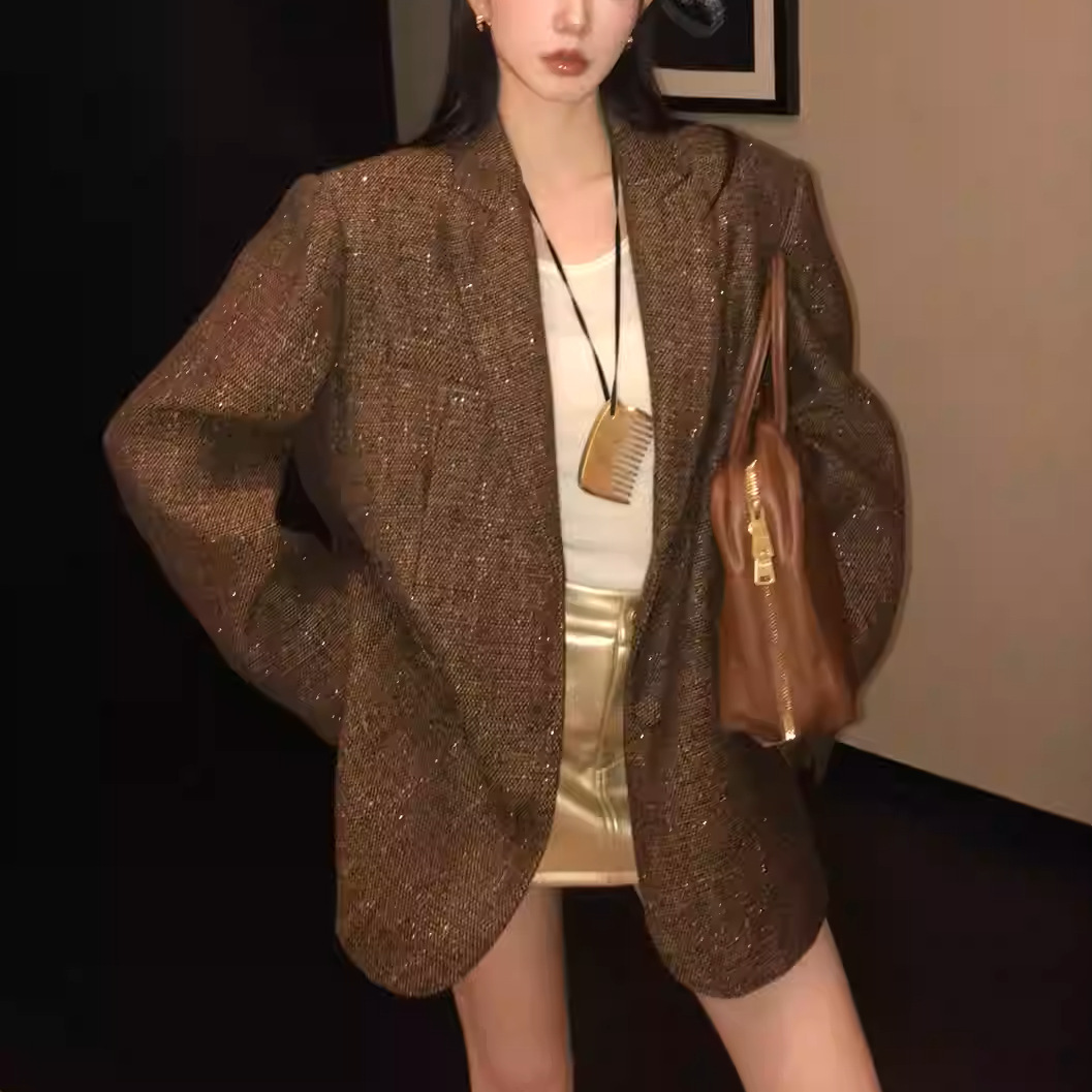 Ou Ou Ouyang Tweed Small Fragrance Suit Jacket Women's Autum New High-End Casual Loose Retro Suit