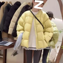 白鸭绒纯色小方块羽绒服女2025冬季新款韩版圆领减龄面包服外套潮