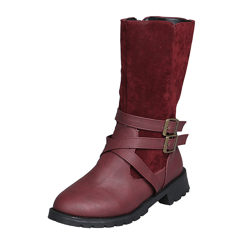 Damenschuhe, Martin-Stiefel mit mittlerer Röhre, Gürtelschnalle, runder Kopf, niedriger Absatz, Ritterstiefel mit seitlichem Reißverschluss, Lederstiefel_voghion.com