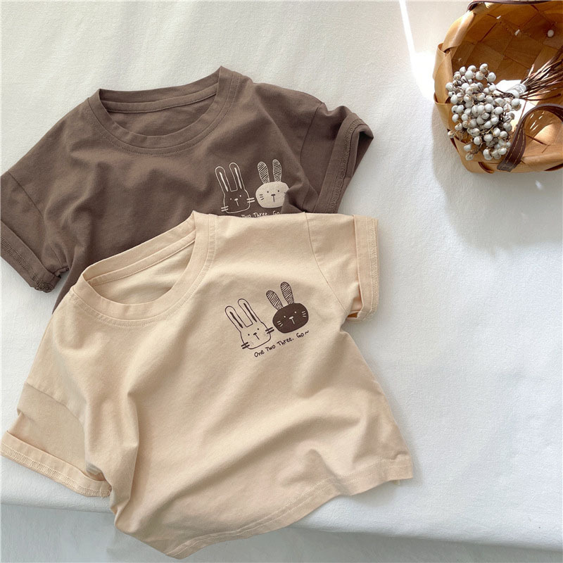 Summer children's short-sleeved T-shirts, boys' and girls' pure cotton round neck tops, Korean style rabbit short-sleeved summer wear, Category A.