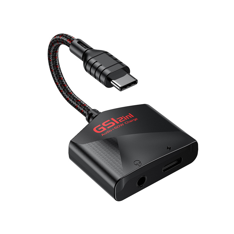 Nuevo Puji GS1 2-en-1 tipo C de carga rápida 60W USB-C a 3,5mm juego de auriculares tarjeta de sonido del teléfono móvil