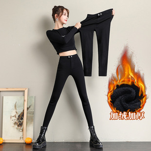 Black Leggings Women's Outer Wear 2024 fleece-lined Thickened Pencil High Waist Elastic Slim-fit Small Foot Magic Black Pants