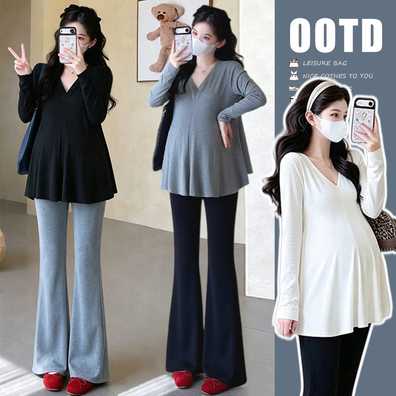 Maternity wear for autumn: a relaxed, solid-color, loose-fitting, slimming V-neck long-sleeved top paired with slightly flared pants – a two-piece set for pregnant women in autumn and winter Maternity wear for autumn: a relaxed, solid-color, loose-fitting, slimming V-neck long-sleeved top paired with slightly flared pants – a two-piece set for pregnant women in autumn and winter