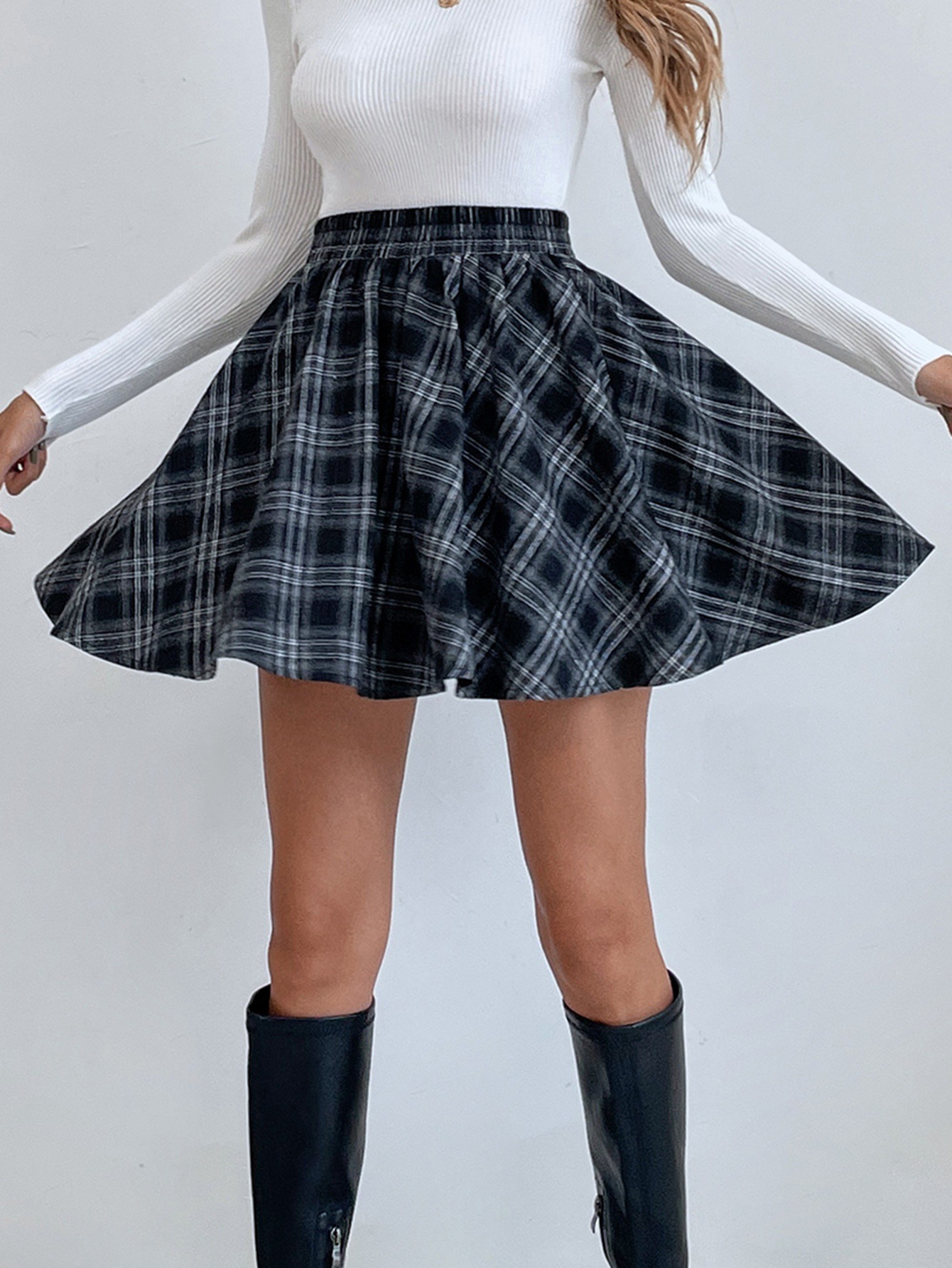 Gonna mini a pieghe a quadri gonna a-line elegante da donna_voghion.com