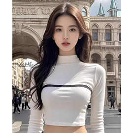 纯欲辣妹气质短款露脐打底衫女春秋小个子紧身显瘦长袖半高领上衣