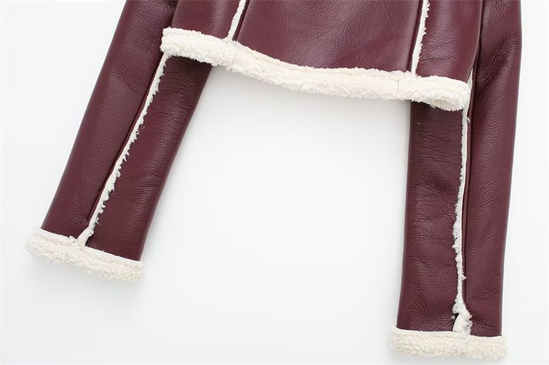 Vêtements pour femmes Automne et hiver veste de moto à revers double face pour femmes à la mode taille haute slim court haut à glissière de couleur contrastée_voghion.com