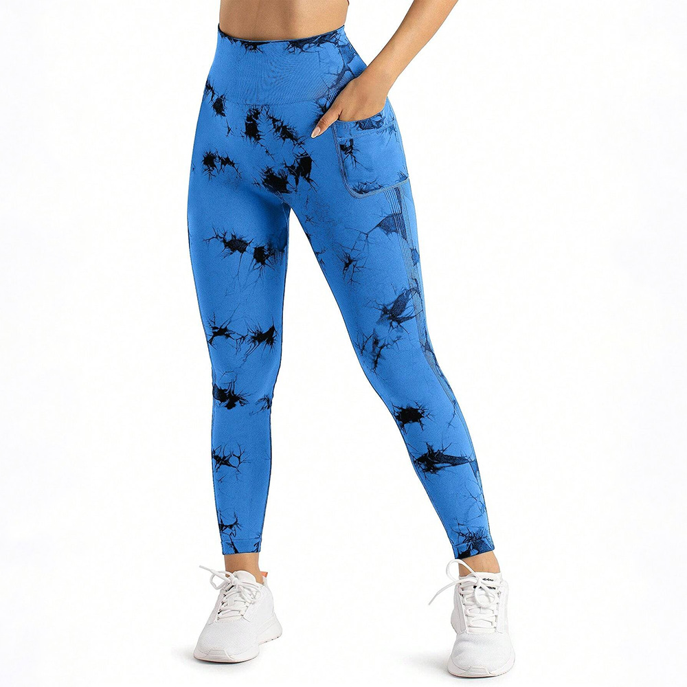 Nuevo estilo transfronterizo sin costuras tiñido de alta elasticidad, bolsillo apretado de peldaño, entrenamiento deportivo, pantalones de yoga para correr