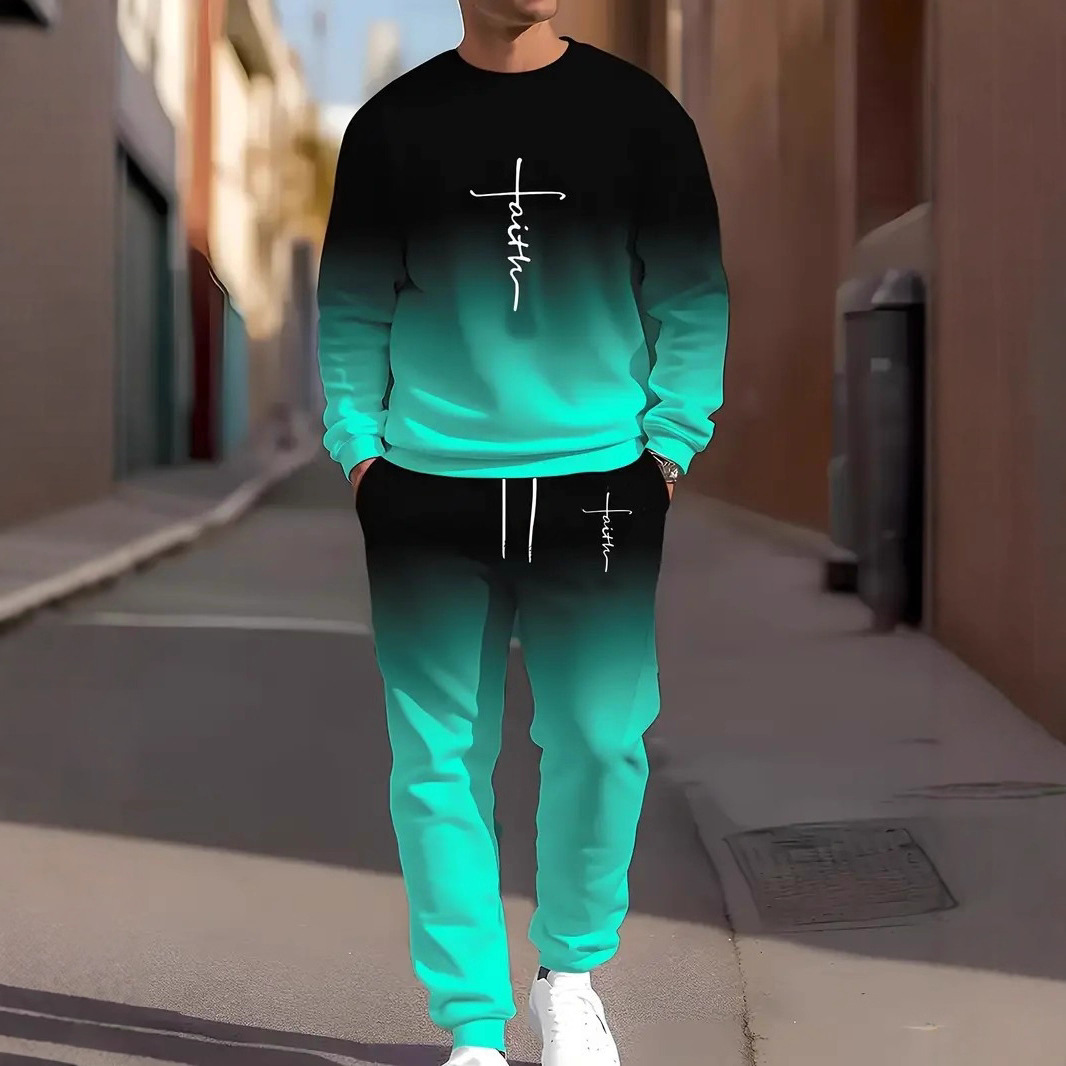 Cross-Border New Autumn and Winter Men's Casual Letter Gradient Color Round Neck Sweatshirt Suit Fashionable Sports Suit for Men