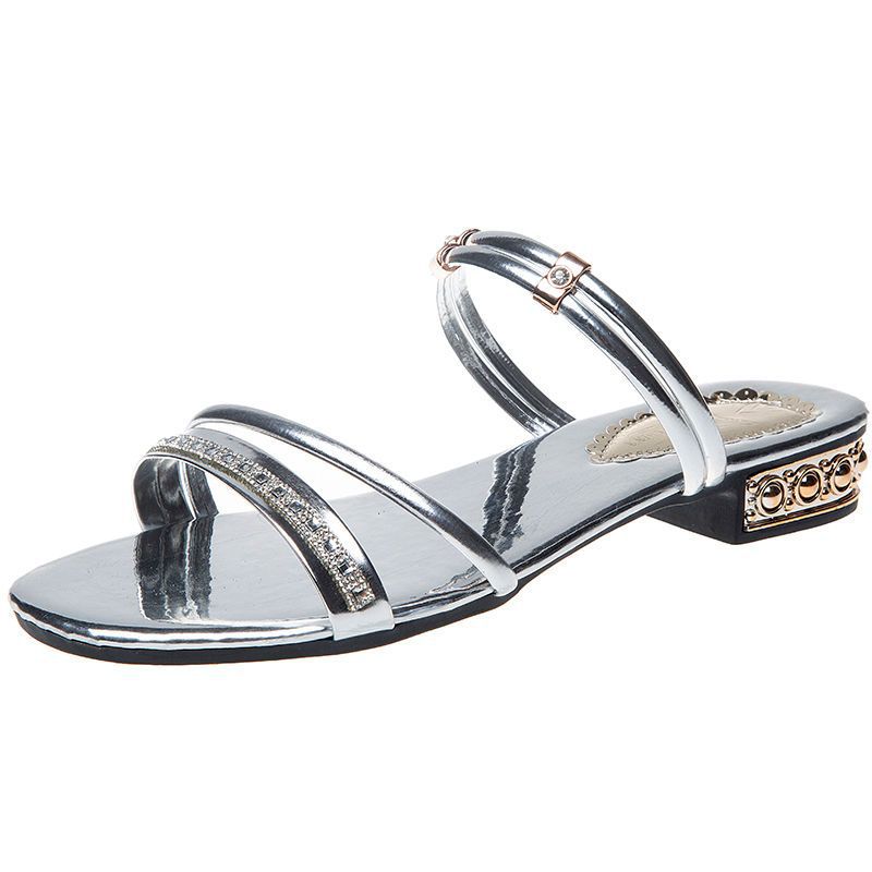 Sandalias de gama alta de dos vías para mujer ropa de verano 2023 nuevo estilo coreano versátil moda mujer tacón bajo Tallas grandes sandalias de diamantes de imitación