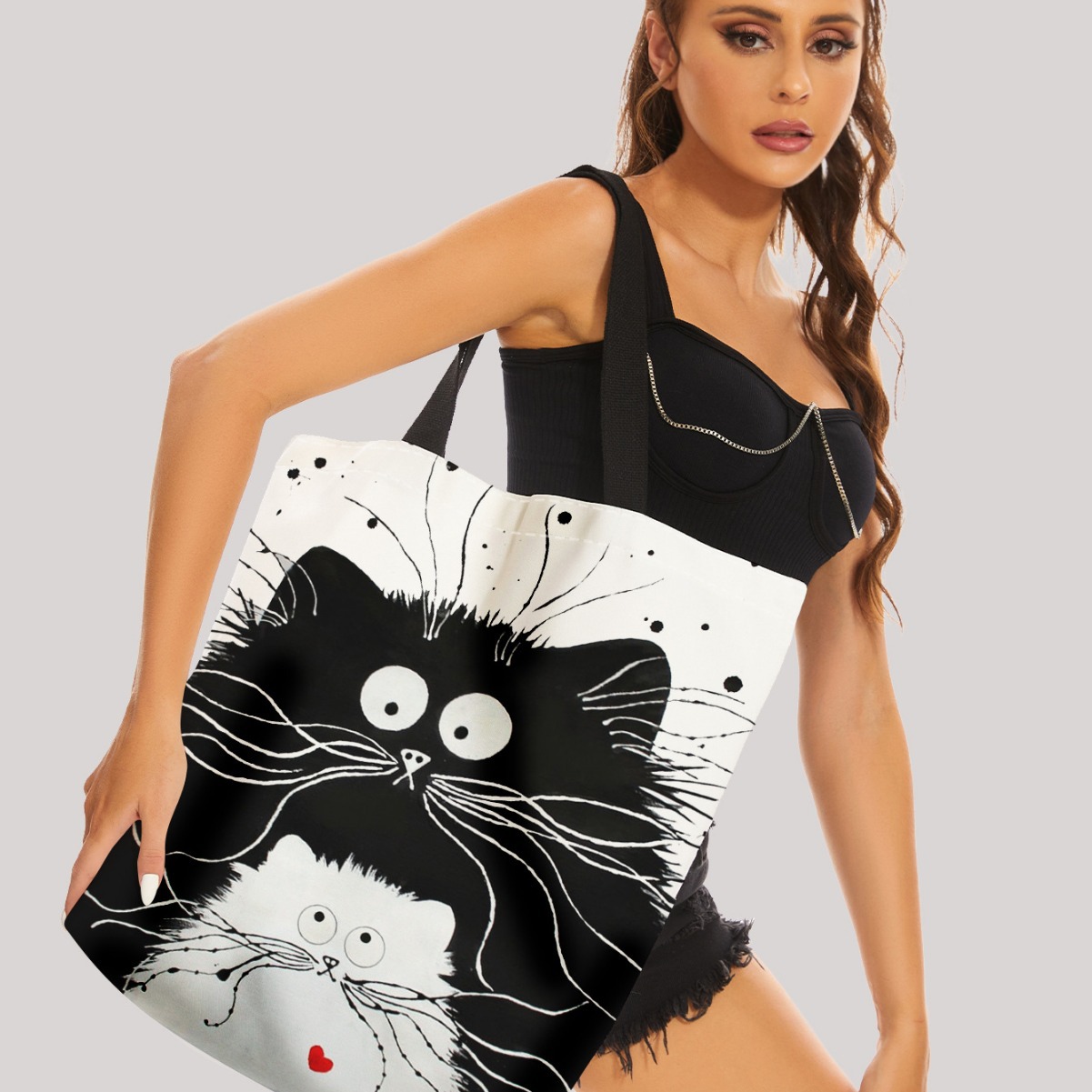 跨境亚马逊爆款热销猫咪印花帆布包购物袋单肩手提袋厂家批发卡通