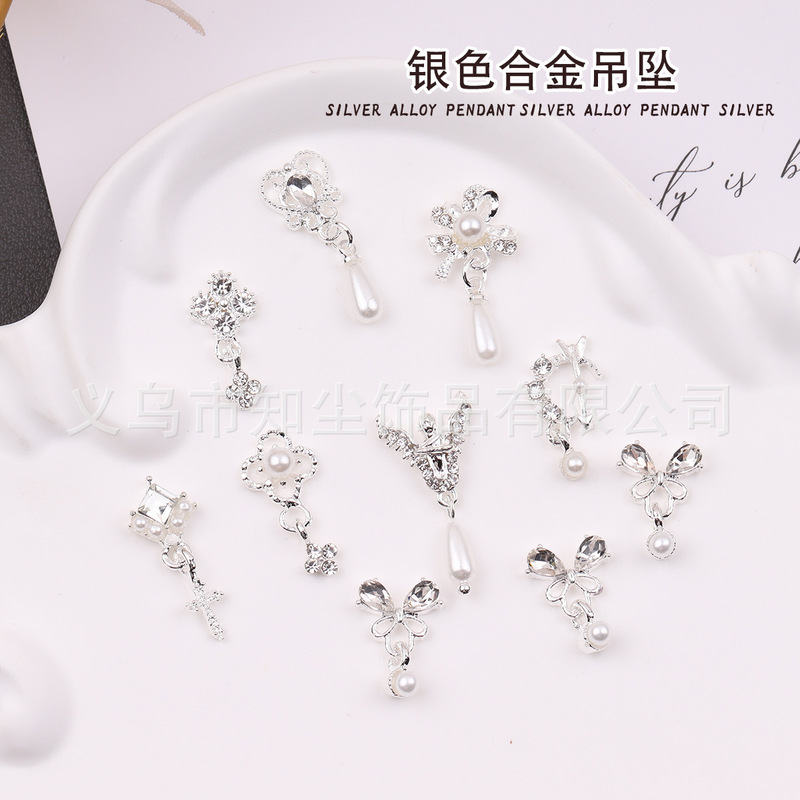 Zircon nail art silver pendant jewelry variety of mixed pearl crystal alloy tassel light luxury nail accessories wholesale