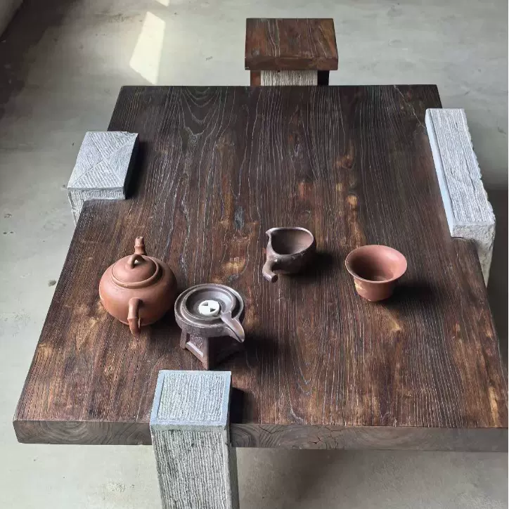 侘寂风老榆木地台桌民宿酒店桌面板简约中古禅意茶几实木复古茶桌