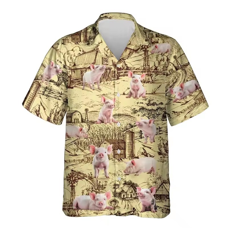 Divertido, lindo, lindo, flor, cerdo blanco, estampado 3D, personalidad de la calle para hombres, camisa suelta con botones de solapa de manga corta