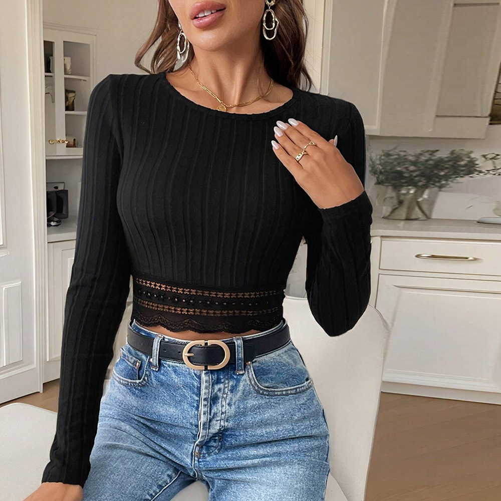 Voya Women's Simple And Versatile T-shirt With Spring And Summer Lace And Lace Trim, Slim Fit, Short Length, Long Sleeved Inner Top_ecoleips.com