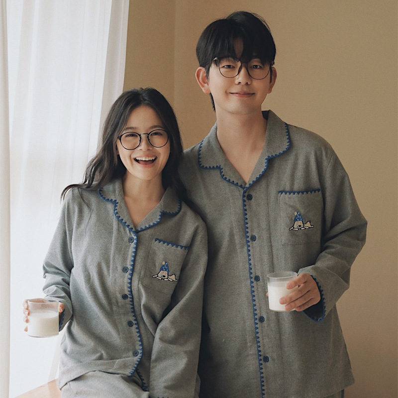 Solid 85 - Pure Cotton Flannel Pajamas, Autumn/Winter, All-Cotton Brushed Fabric, Cute Cartoon Design, Matching Couple Loungewear Set for Men Solid 85 - Pure Cotton Flannel Pajamas, Autumn/Winter, All-Cotton Brushed Fabric, Cute Cartoon Design, Matching Couple Loungewear Set for Men
