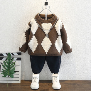 Boys' Sweater Autumn and Winter Thickened Sweater 2024 Winter Wear Small and Medium-sized Children's Warm Knitted Sweater Cool Cool Trendy