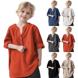 欧美童装衬衣亚马逊跨境女童装棉麻立领可卷长袖纯色上衣休闲百搭