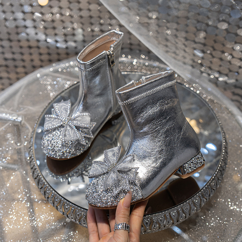 Girls Short Boots 2024 Autumn and Winter Single-Lit Boots Pink Princess Leather Boots Little Girls Shoes High Heel Children Martin Boots