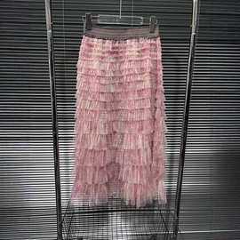 新款气质高腰显瘦纯色半身裙流苏针织 粉色公主裙 流苏针织裙