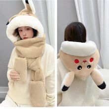 儿童皮卡丘帽子手套围巾一体三件套秋冬季加厚围脖三合一耳朵会动