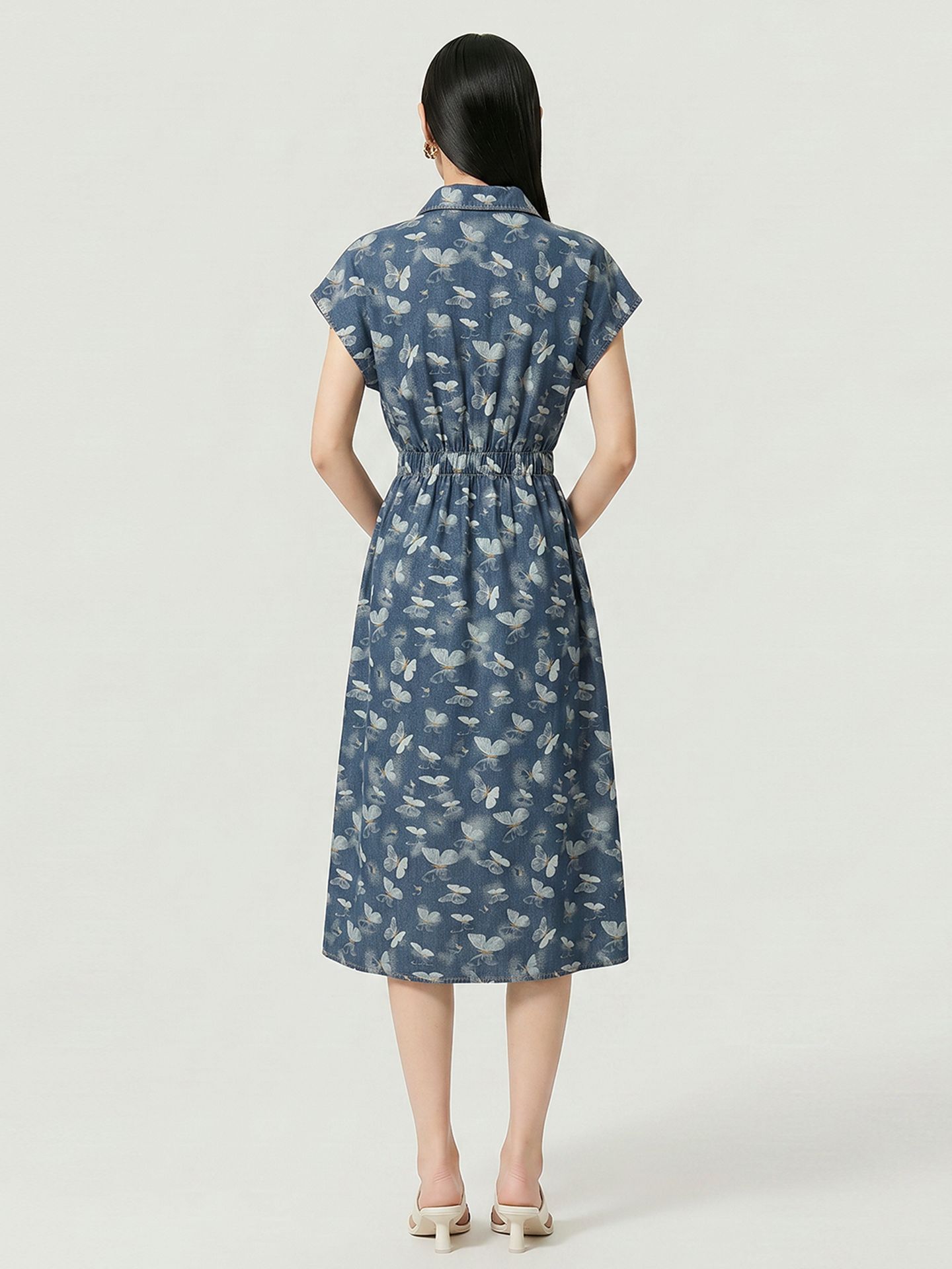 Đầm maxi nữ in họa tiết hoa bướm chất denim nhẹ thắt eo — Cao bồi xanh