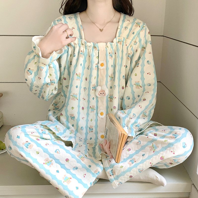 Pajamas for Women Winter New Long-Sleeved Warm Air Cotton Sandwich Cartoon Girl Sweet Princess Style Home Wear Set