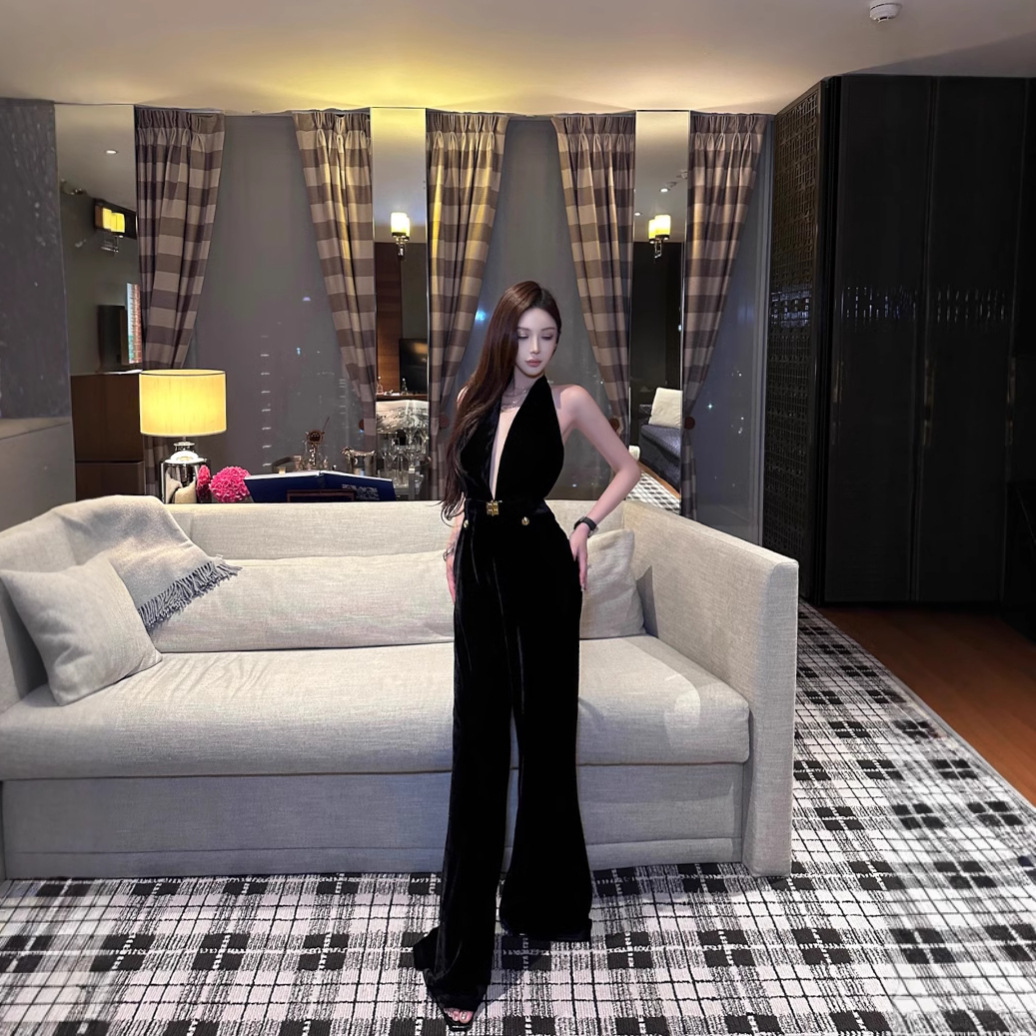 24 vestidos de otoño de alta calidad de estilo de belleza delgada cintura sexy cuello V profundo cuello colgante de terciopelo jacket mujer