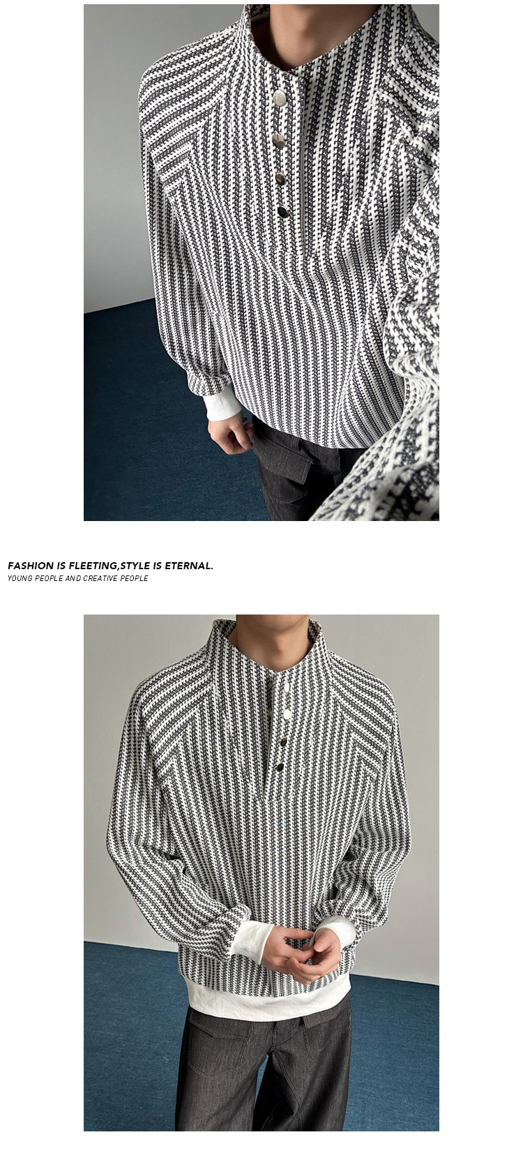 Unisex Fishbone Striped Henley Sweatshirt Autumn Designer Style_voghion.com