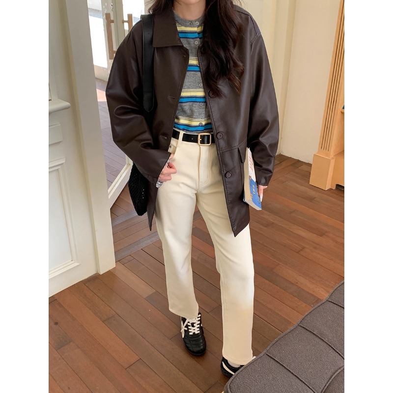 3Th Morning Sweet and Cool Girl Retro Silhouette Spliced ​​Striped Sleeve Leather Jacket Zy3437