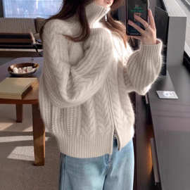 复古麻花双拉链100%纯羊毛开衫女秋冬新款高领加厚毛衣宽松针织衫