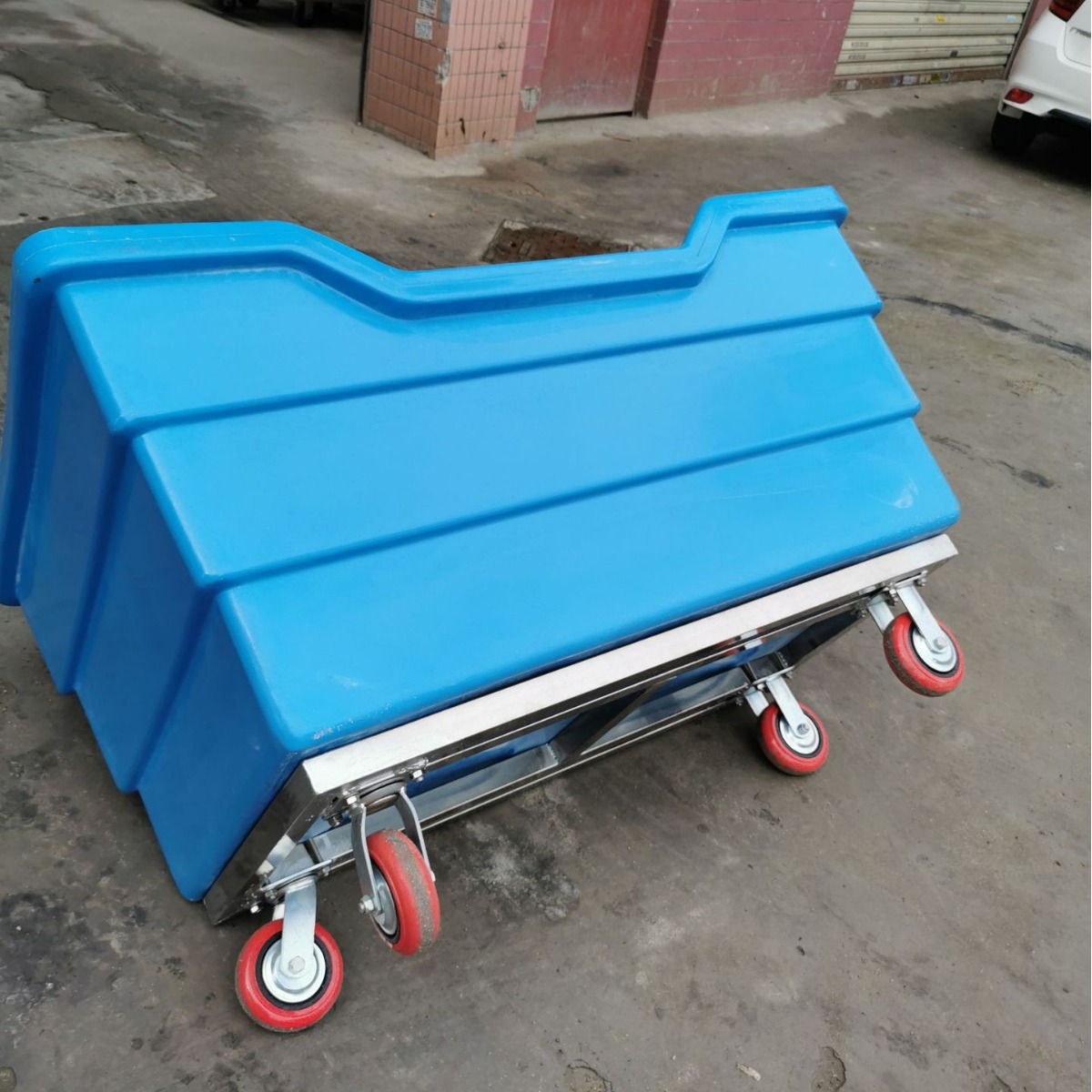 布料洗涤周转用牛津桶布草车 /医院洗衣房用配架子塑料布笼车