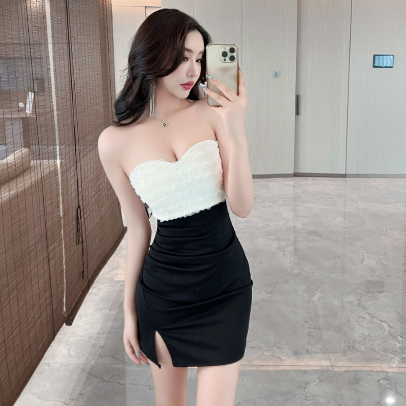 Elegant Low-Cut Sexy Dress, New Style with Contrasting Color Patchwork, Strapless Dress, Nightclub Work Attire, Technician Work Uniform