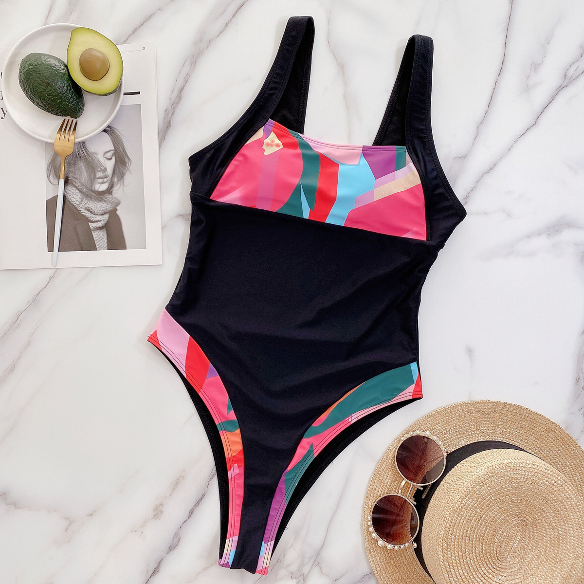 fashion stitching contrast color one-piece swimsuit  NSDA42714