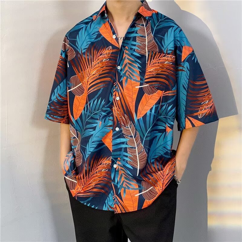 Thailand Seaside Vacation Thin Floral Shirt Men's Hawaiian Style Shirt Trendy Summer Loose Short-Sleeved Top Jacket
