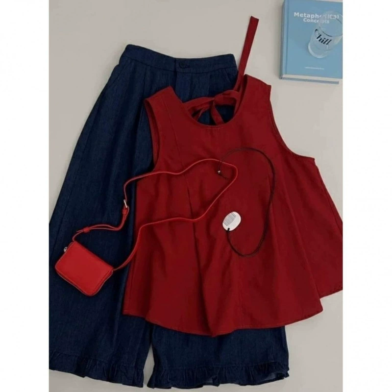 Летний костюм 2025 года в стиле Petite Miu: красный жилет и широкие брюки (двухпредметный комплект)